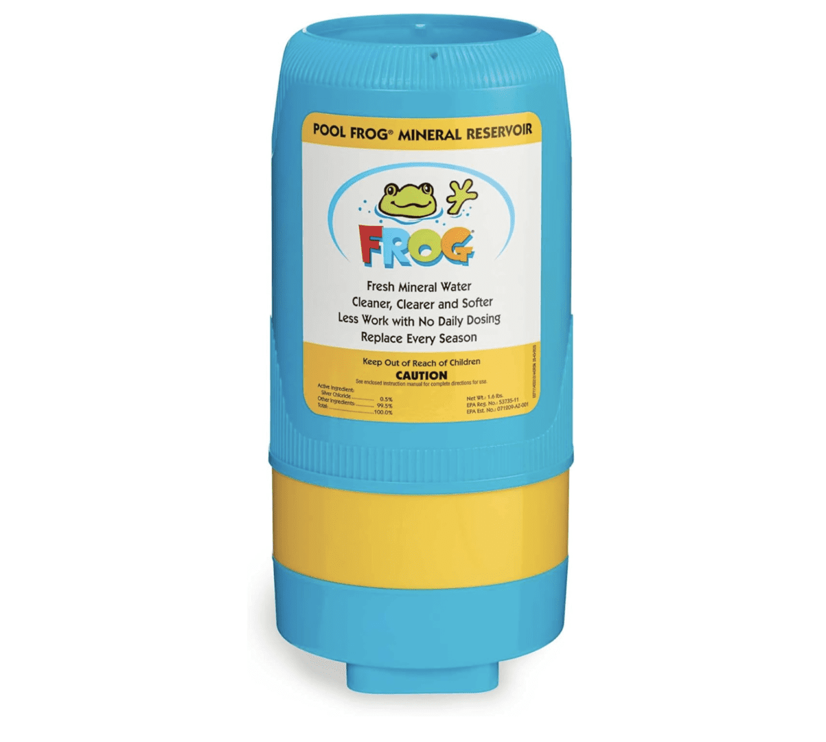 A blue and yellow bottle with a Pool FROG Model 5400 Replacement Mineral Reservoir for use in The Pool FROG Model 5400 System, FROG Sanitizing Minerals for Pools up to 40,000 gallons frog on it.